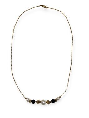Korea Gold Tone Chain Necklace with Black Acrylic and Glass Pearl Beads